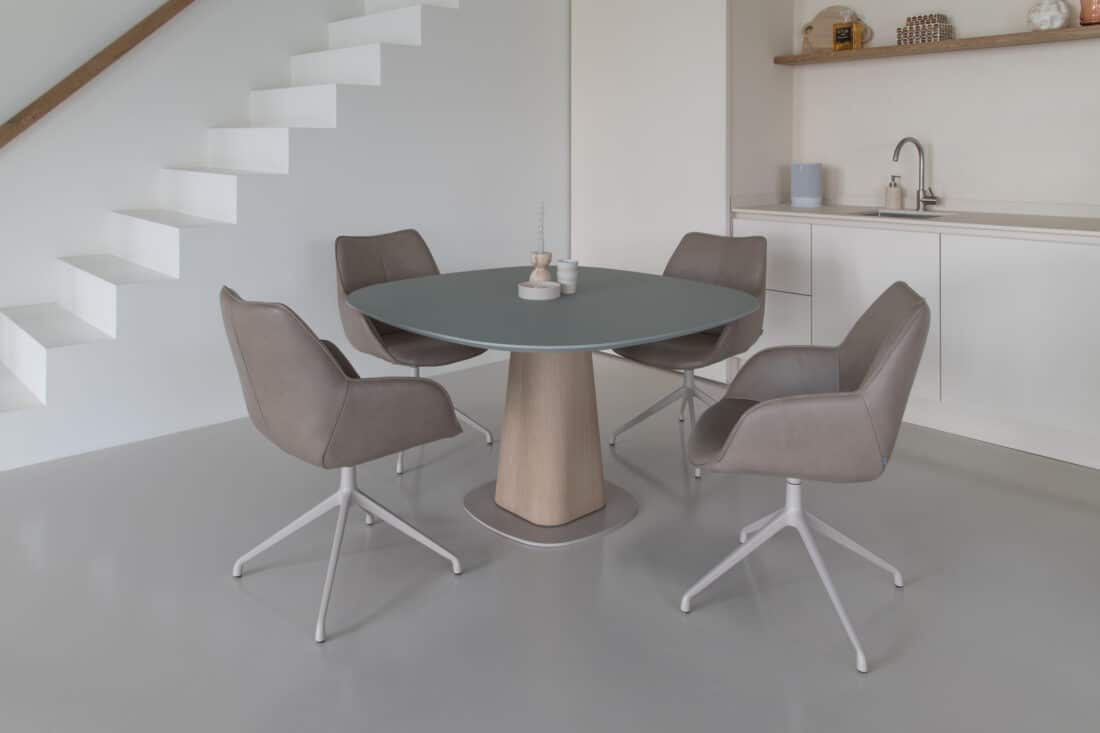 Storq Dining Table Square Rounded Corners Kiq Arm Dining Room Chairs Rotatable Leather Gray