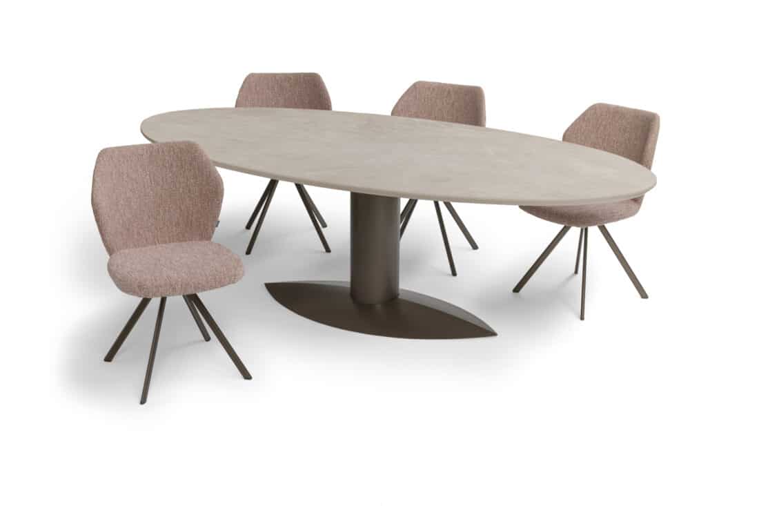Oscar Ovale Eettafel Keramiek Diamomd Cream Toby Eetstoel Roze Stof Oscar Ovale Eettafel Keramiek Diamomd Cream Toby Eetstoel Roze Stof